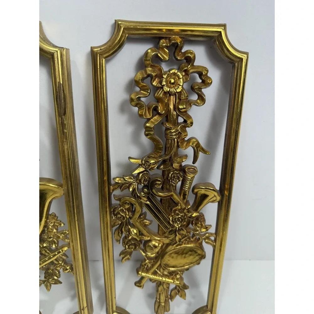 2 Syroco Homco Gold Musical Instrument Wall Plaques 4863A 1964 Vintage Mid Mod